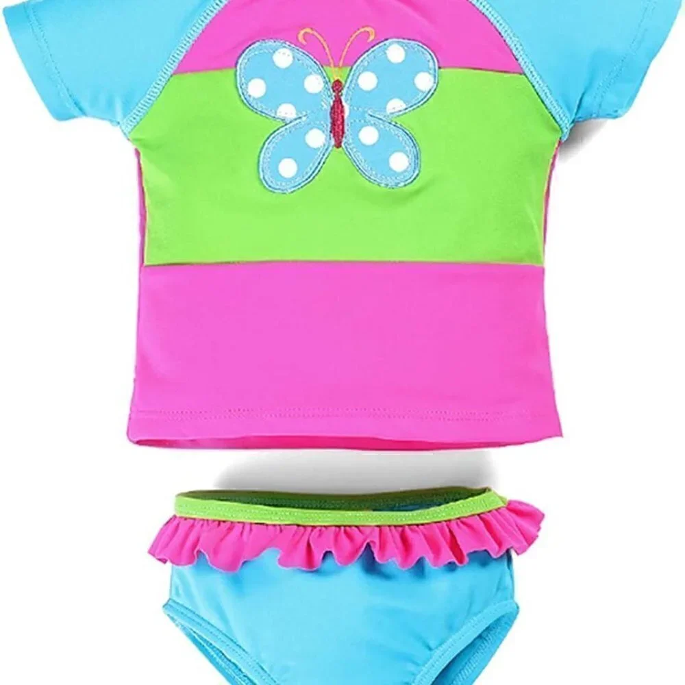 Kavkas  Girl Swimsuit Pink 2 Piece Bathing Suit Cute Short Sleeve Rash Guard